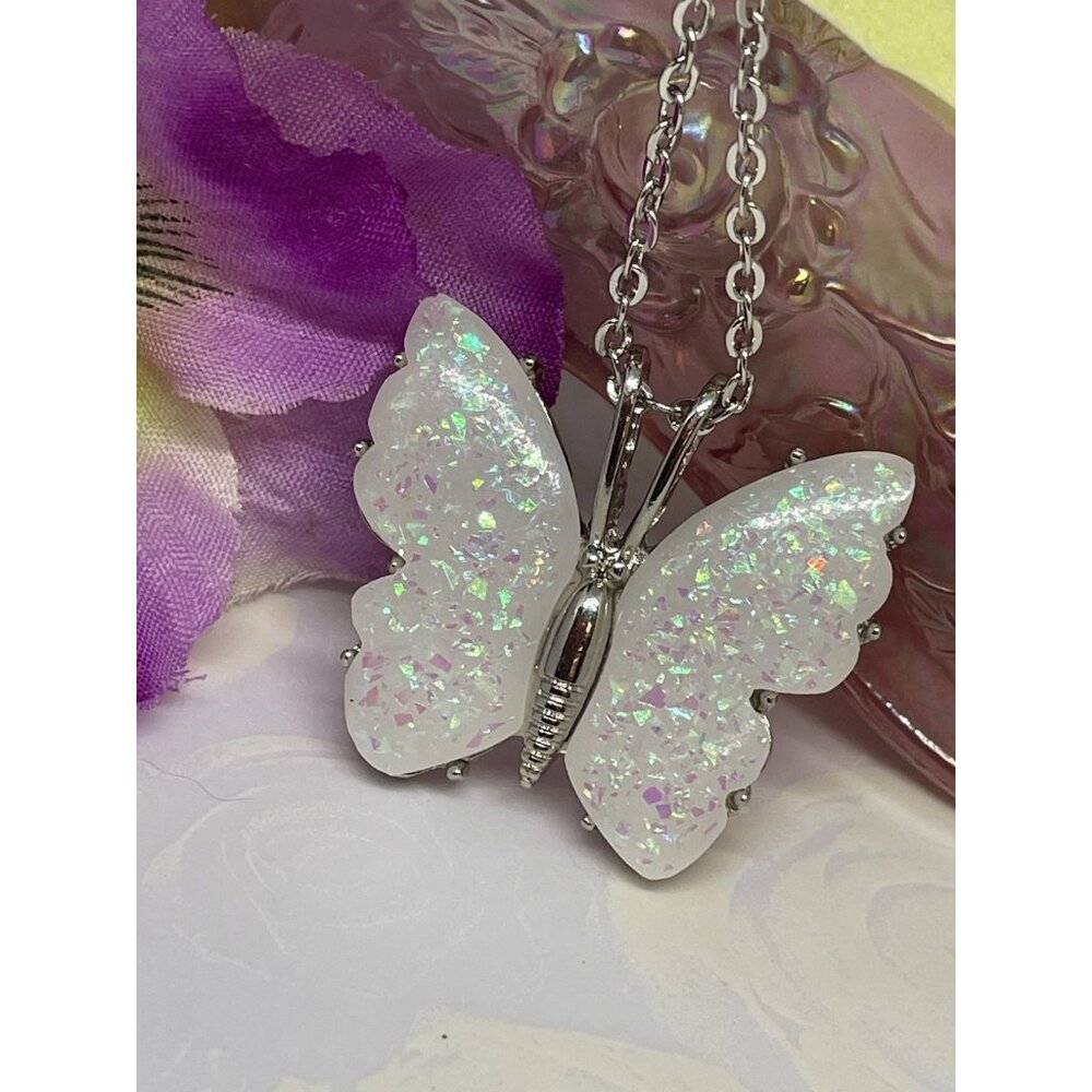Iridescent White Butterfly Pendant Necklace